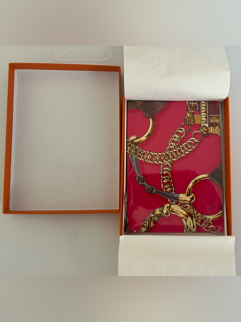 Hermes Silk Scarf Notebook in Cello and original box. Brides de Gala Pink Patter